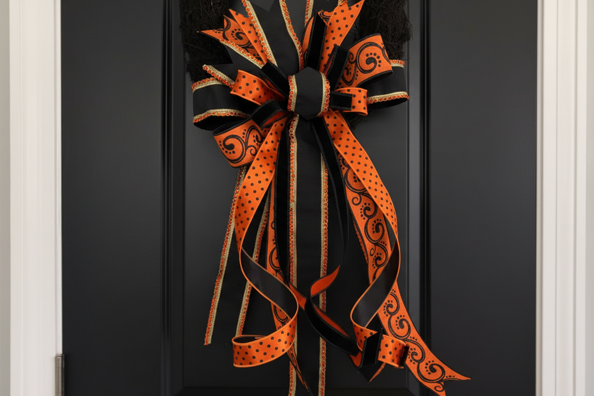 Halloween Black Wreath Set with Orange & Black Ribbon Bows – Set of 2